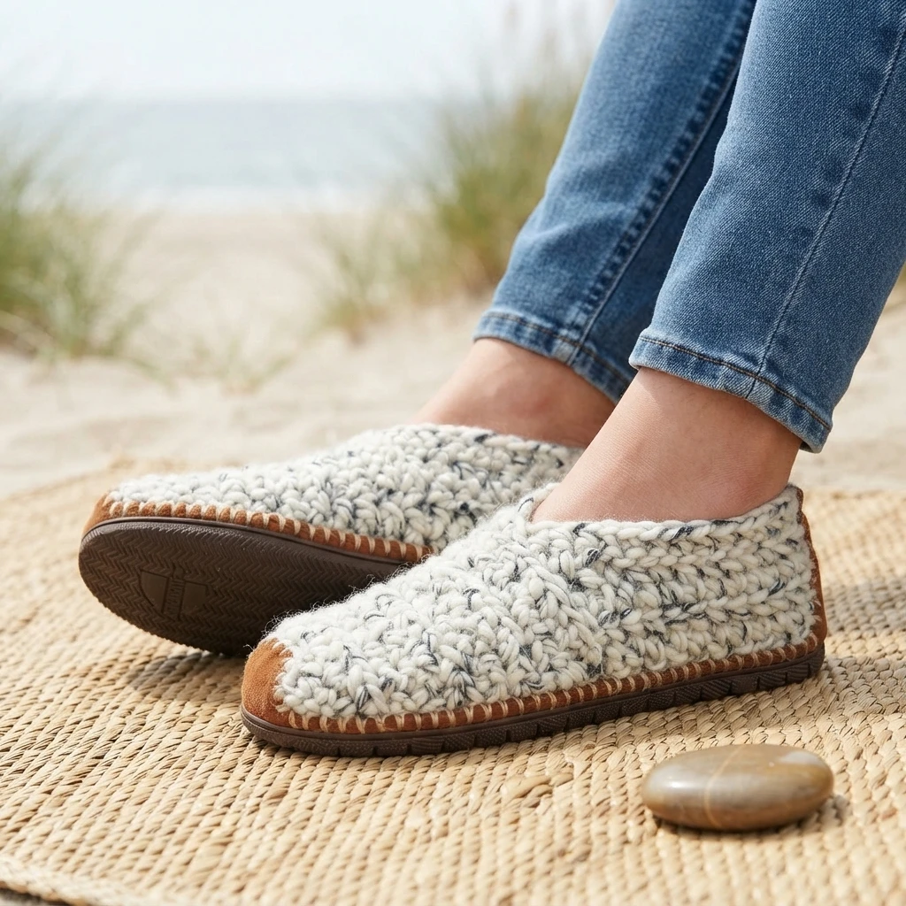 Feet in blue jeans wearing speckled white crochet slip-on shoes with brown toe caps and stitched rubber soles on a woven mat at the beach.