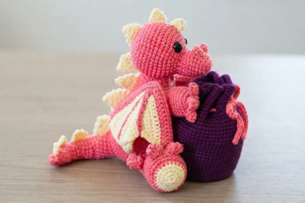A pink crochet dragon with cream spikes and wings sits beside a purple drawstring dice bag