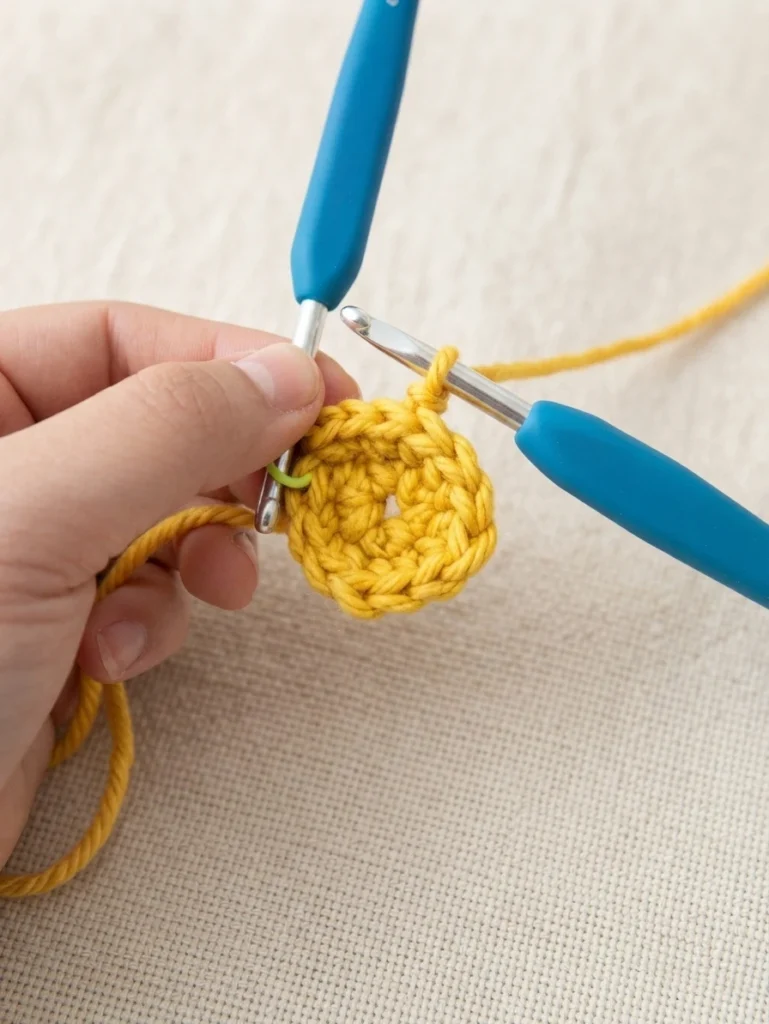 Hand holding a small yellow crocheted circle with a blue crochet hook in the working loop