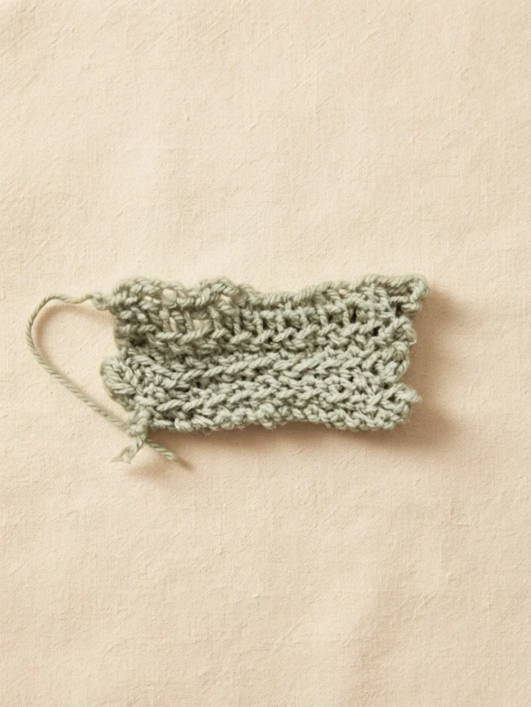 Small sample of single crochet stitches in sage green yarn with a loose tail, lying on a beige linen background.