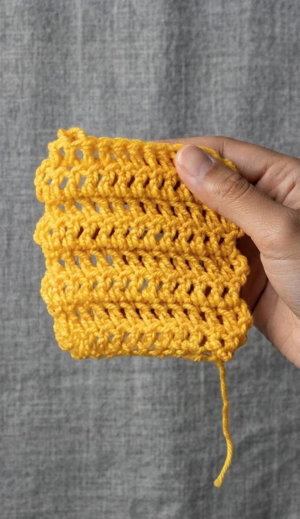 Hand holding a yellow crochet swatch with open rows against a gray fabric background
