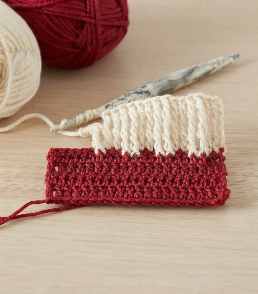 Crochet swatch with tall cream stitches worked into a red base, shown with a crochet hook and balls of red and cream yarn.