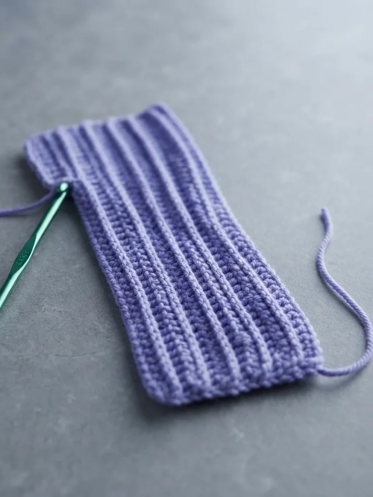 Purple ribbed crochet swatch with raised vertical ridges and a green crochet hook on a grey surface.