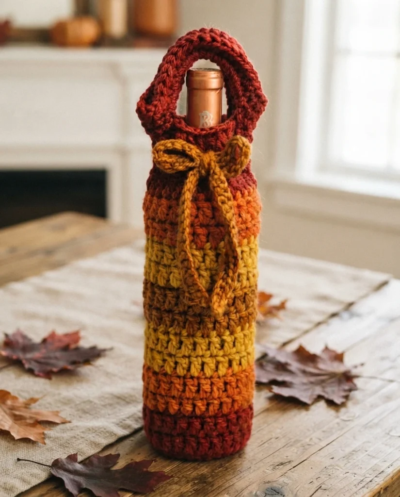 Crocheted wine bottle cozy in red, orange and gold stripes, with a looped handle at the neck and a tied bow, shown covering a wine bottle.