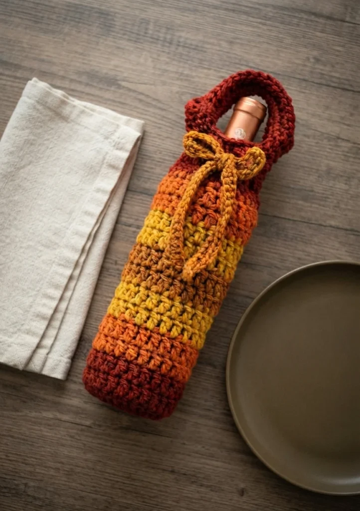 Crocheted wine bottle cozy with red, orange, gold and rust stripes, tied at the neck with a yarn bow and topped by a loop handle, lying diagonally on a wood table next to a folded linen napkin and a plate.
