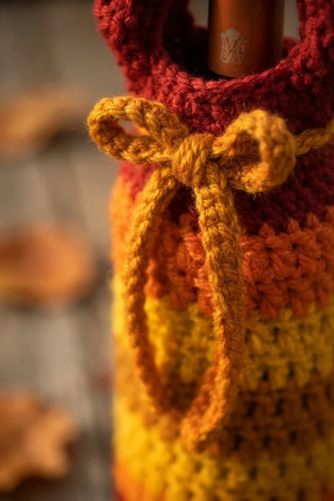 Close-up of a crocheted wine bottle cozy worked in wide brick red, orange and gold stripes, with a gold crocheted tie knotted into a bow around the neck of the bottle, the bottle top showing above the opening against a softly blurred backgr