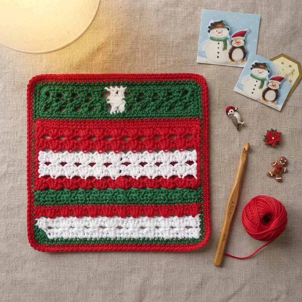 Crocheted Christmas dishcloth in red, green and white horizontal stripes with a lacy stitch pattern, shown flat beside a crochet hook, a ball of red yarn and small Christmas decorations.