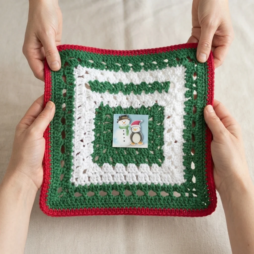 Two hands holding a finished square crochet dishcloth with red, green and white stripes and a small snowman and penguin card in the center.