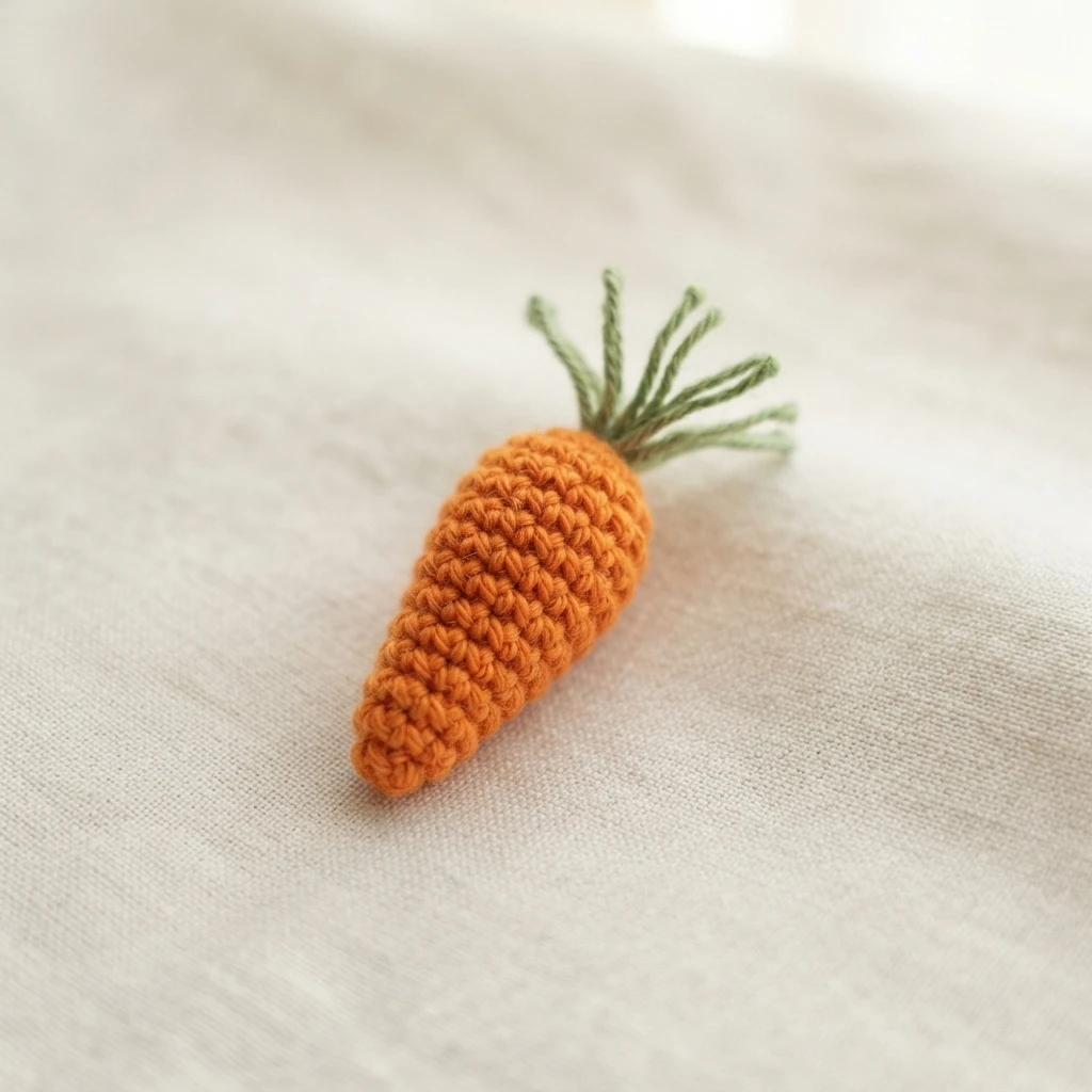 Small orange crochet carrot with green yarn leaves on a light beige fabric background
