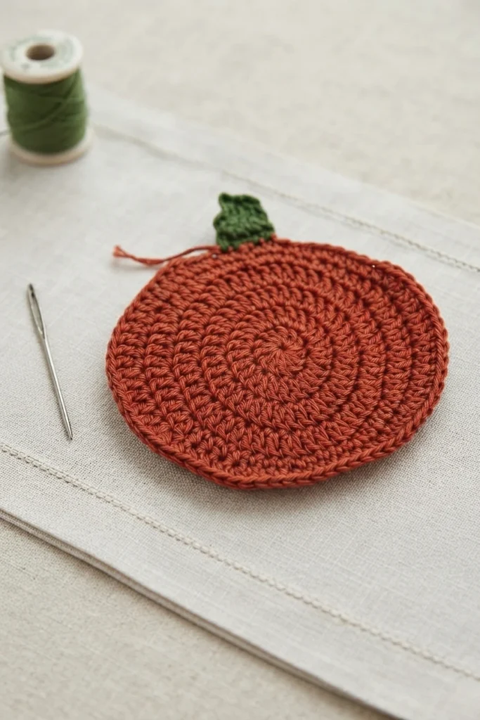 An orange crocheted pumpkin coaster with a green stem on linen, beside a needle and a spool of green thread.