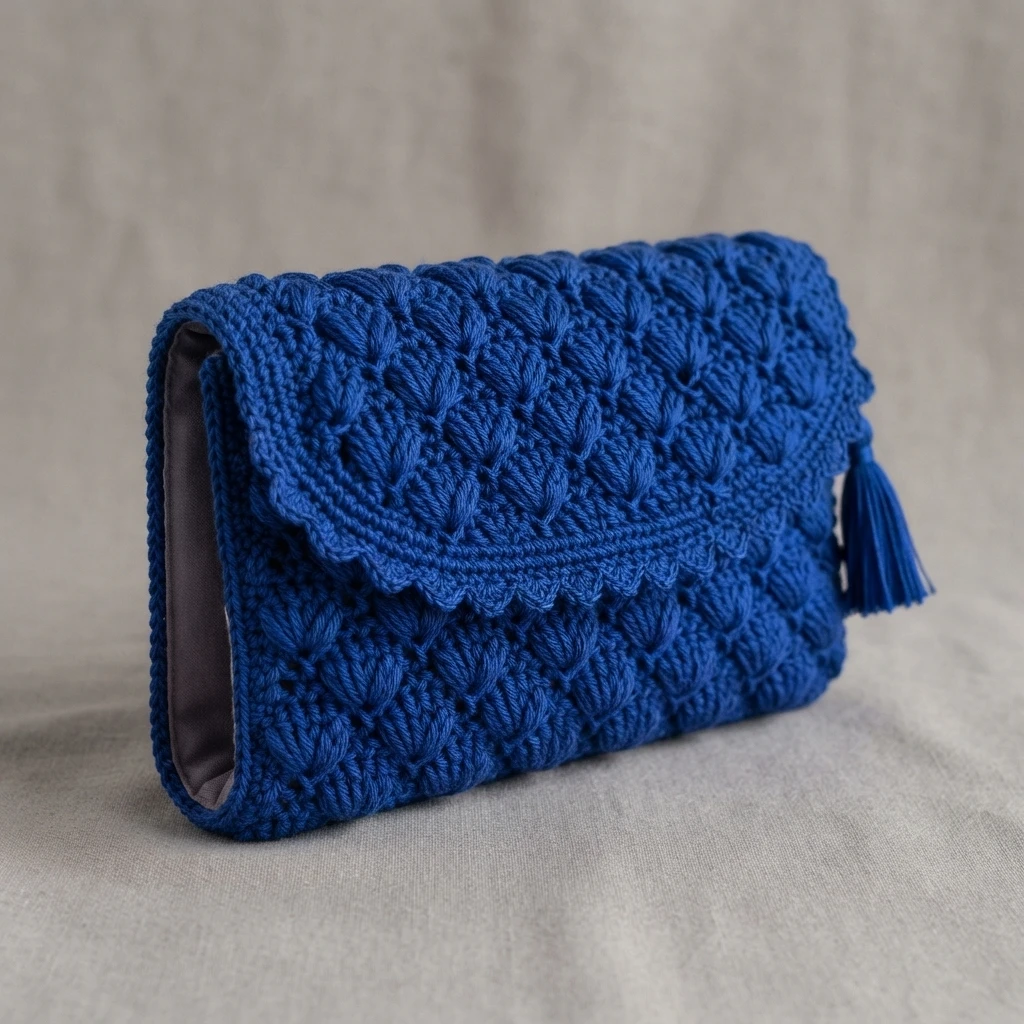 Royal blue crochet clutch bag with lotus stitch texture, scalloped flap edge and tassel