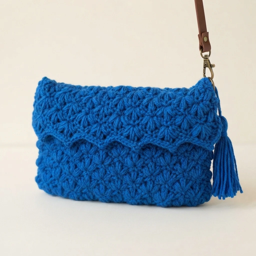 Royal blue crochet clutch bag with textured lotus stitch, scalloped flap, side tassel and brown leather strap with metal clasp