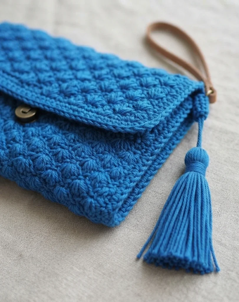 Close-up of a finished blue lotus stitch crochet clutch bag with folded flap, magnetic clasp, tassel and leather strap loop