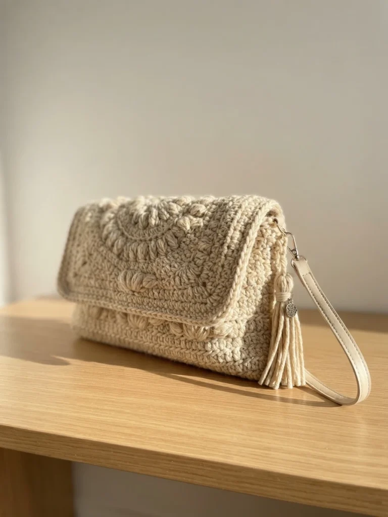 Cream crochet clutch bag with textured floral flap, tassel and leather wrist strap on a wooden table.