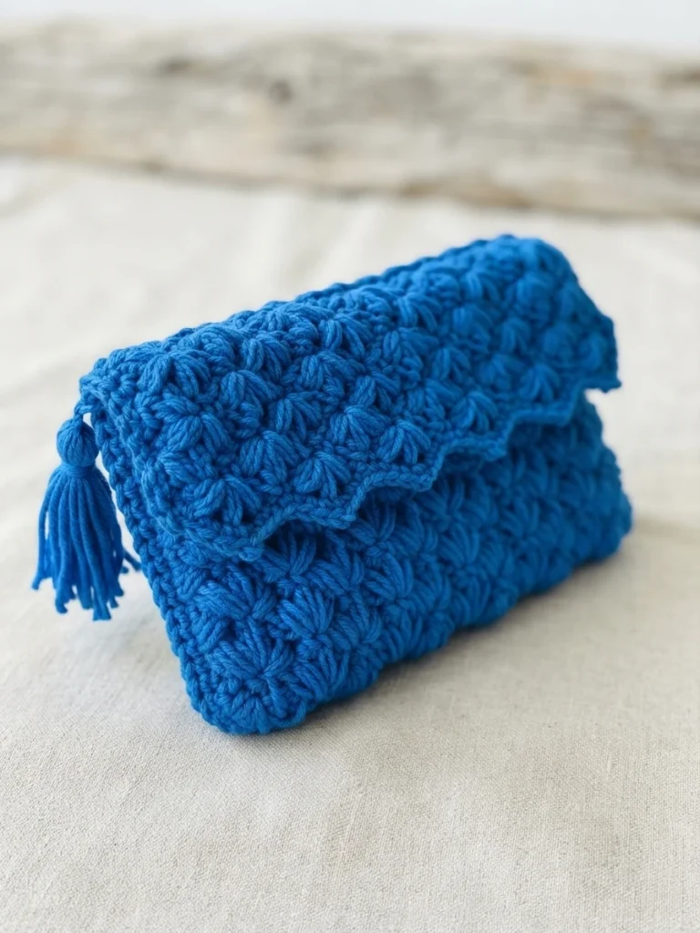 Blue crochet clutch bag in textured lotus stitch with a side tassel on a light fabric background