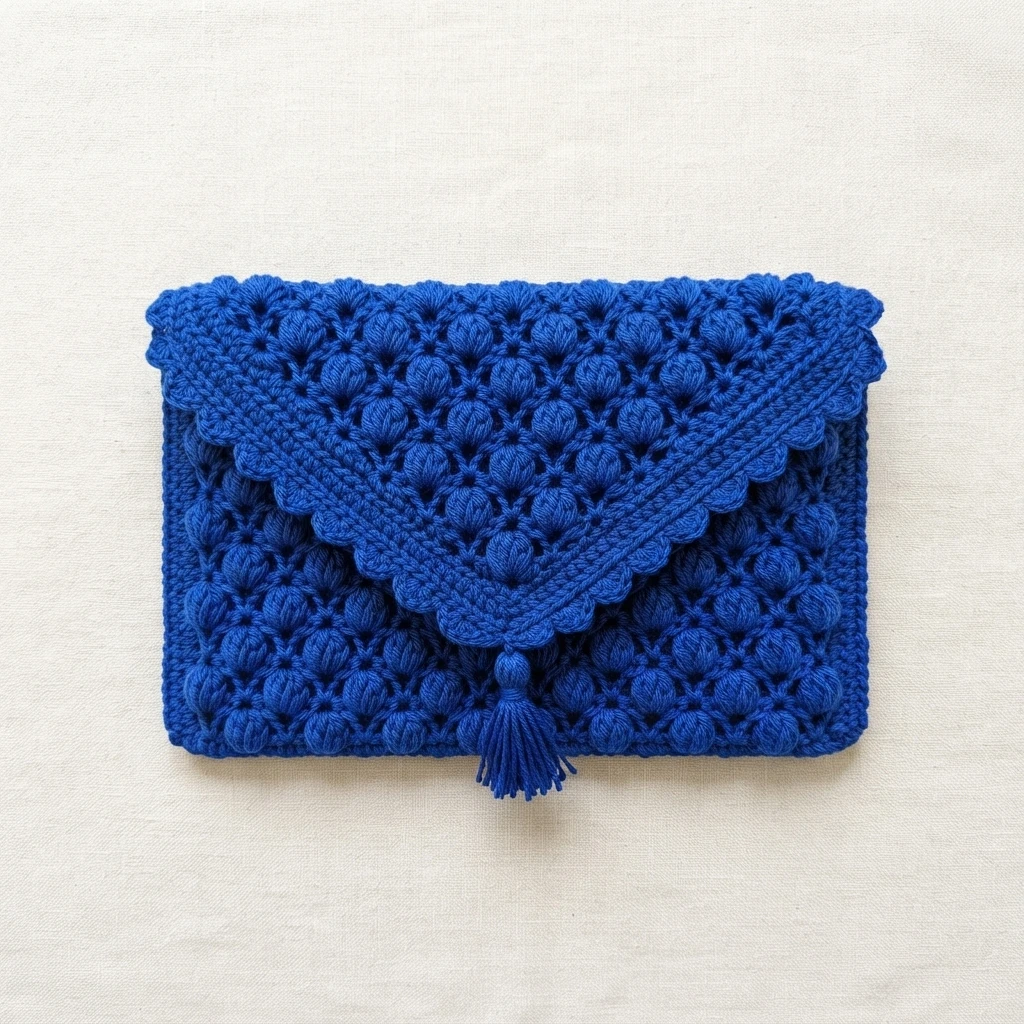 Royal blue crochet clutch bag in textured lotus stitch with a scalloped flap edge and a small tassel at the flap point, lying flat on a light background.