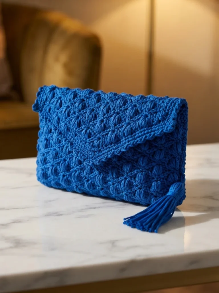 Royal blue crochet clutch bag with lotus stitch texture and a matching tassel, resting on a marble table.