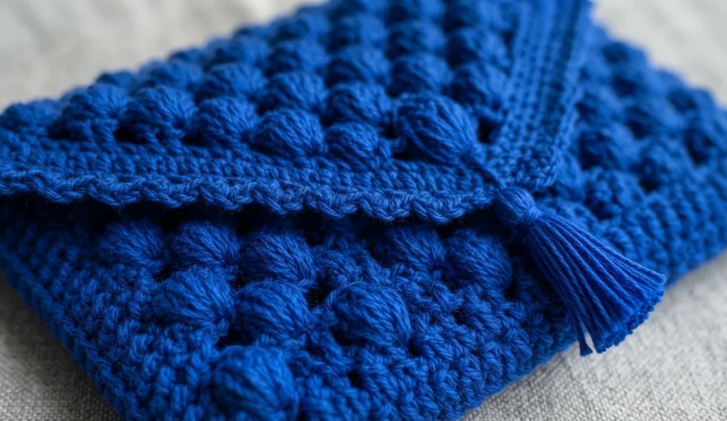 Close up of a royal blue crocheted clutch bag in textured puff stitch fabric with a matching blue tassel.