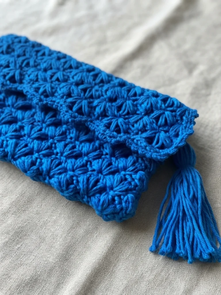 Close-up of a bright blue crocheted clutch bag with textured lotus stitch, a scalloped flap and a matching blue tassel on light fabric.