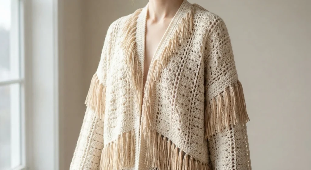 Torso of a person wearing a cream crochet cardigan with an openwork stitch pattern and long fringe along the front opening, sleeve cuffs and lower edge, photographed indoors in soft daylight.