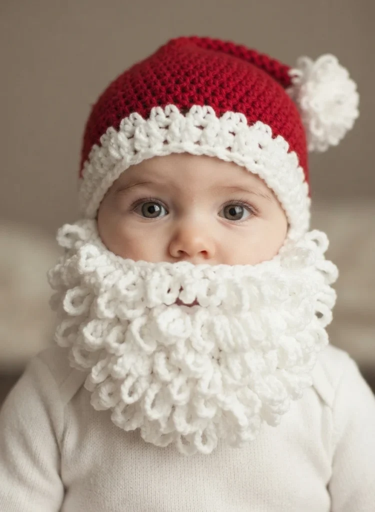A baby wearing a red crochet Santa beanie with white trim and pom-pom and a thick white looped crochet beard.
