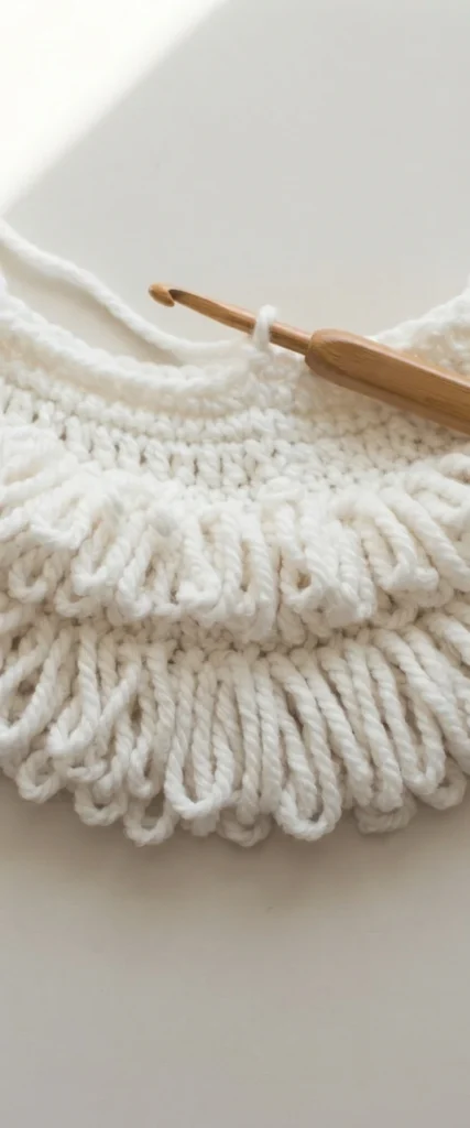 Close-up of white double loop crochet fabric in progress with a wooden crochet hook resting on the stitches