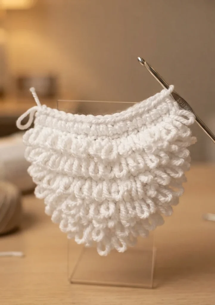 White double loop crochet beard piece displayed on a clear stand with a metal crochet hook