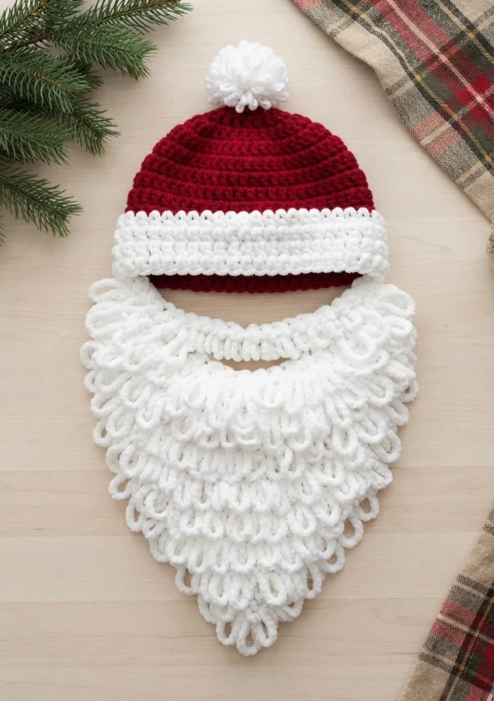 Crocheted red Santa beanie with white pom-pom and white double-loop beard, styled flat on a wooden surface with pine branches and plaid fabric