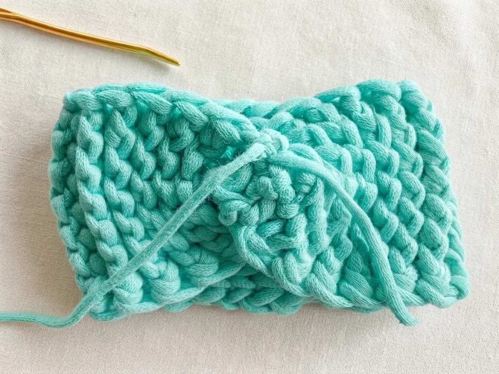 A turquoise crocheted coffee sleeve lies flat on fabric, showing its seam and loose yarn tails, with a gold crochet hook above it.