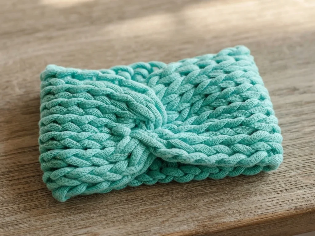 A turquoise crocheted coffee sleeve with a prominent central bow rests on a wooden surface.