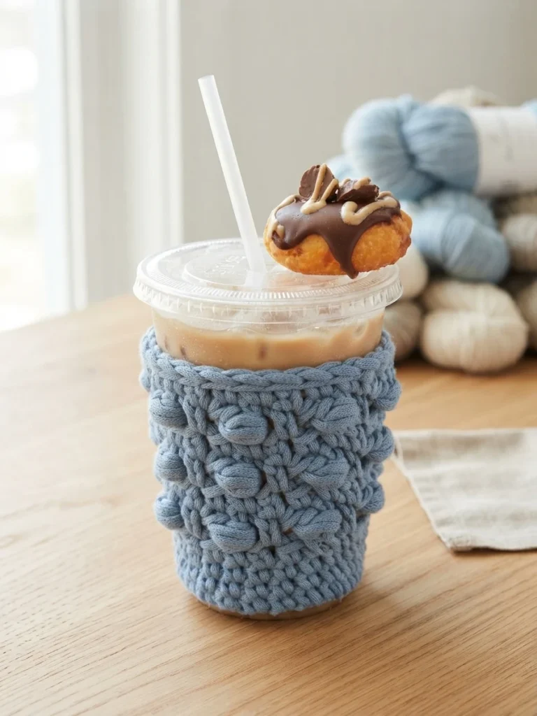 A blue crocheted sleeve with raised bobbles wraps a clear cold-drink cup with a straw; a chocolate-topped pastry rests on the lid, with yarn balls in the background.