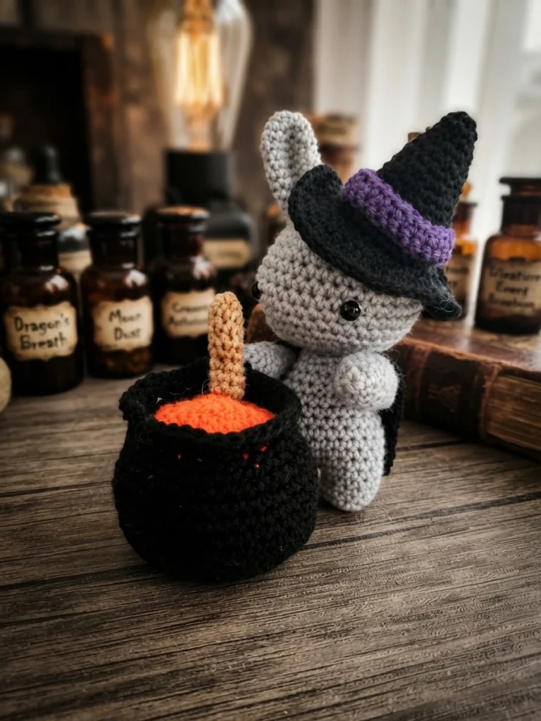 Crocheted grey bunny wearing a black witch hat with a purple band and a black cape, standing beside a black crocheted cauldron filled with orange yarn and a stick, on a wooden table with bottles and a lamp in the background