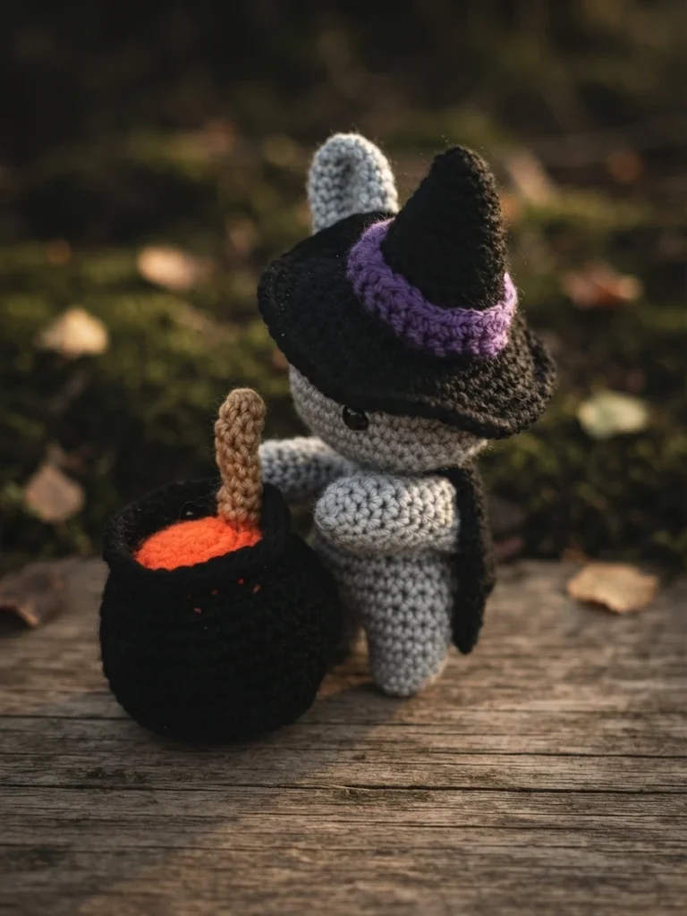 Lapin en crochet gris portant un chapeau de sorcière noir à bande violette, debout à côté d'un chaudron noir rempli de fil orange avec un bâtonnet de remuement, posé sur une surface en bois.