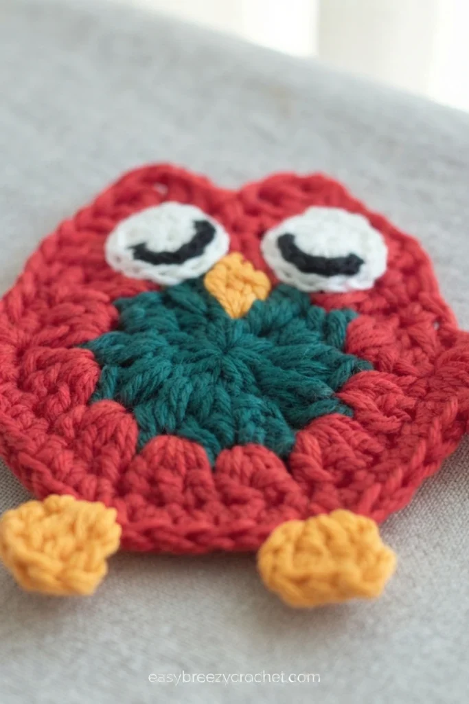 Finished crochet owl coaster in red and green with white eyes, a yellow beak and yellow feet, resting on a light gray fabric surface