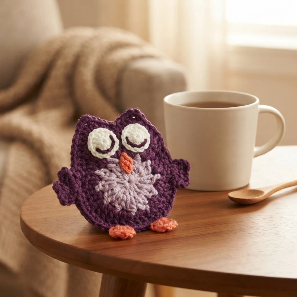 Purple crochet owl coaster with white eyes, lavender belly, orange beak and feet, resting on a wooden table next to a white mug of tea and a wooden spoon