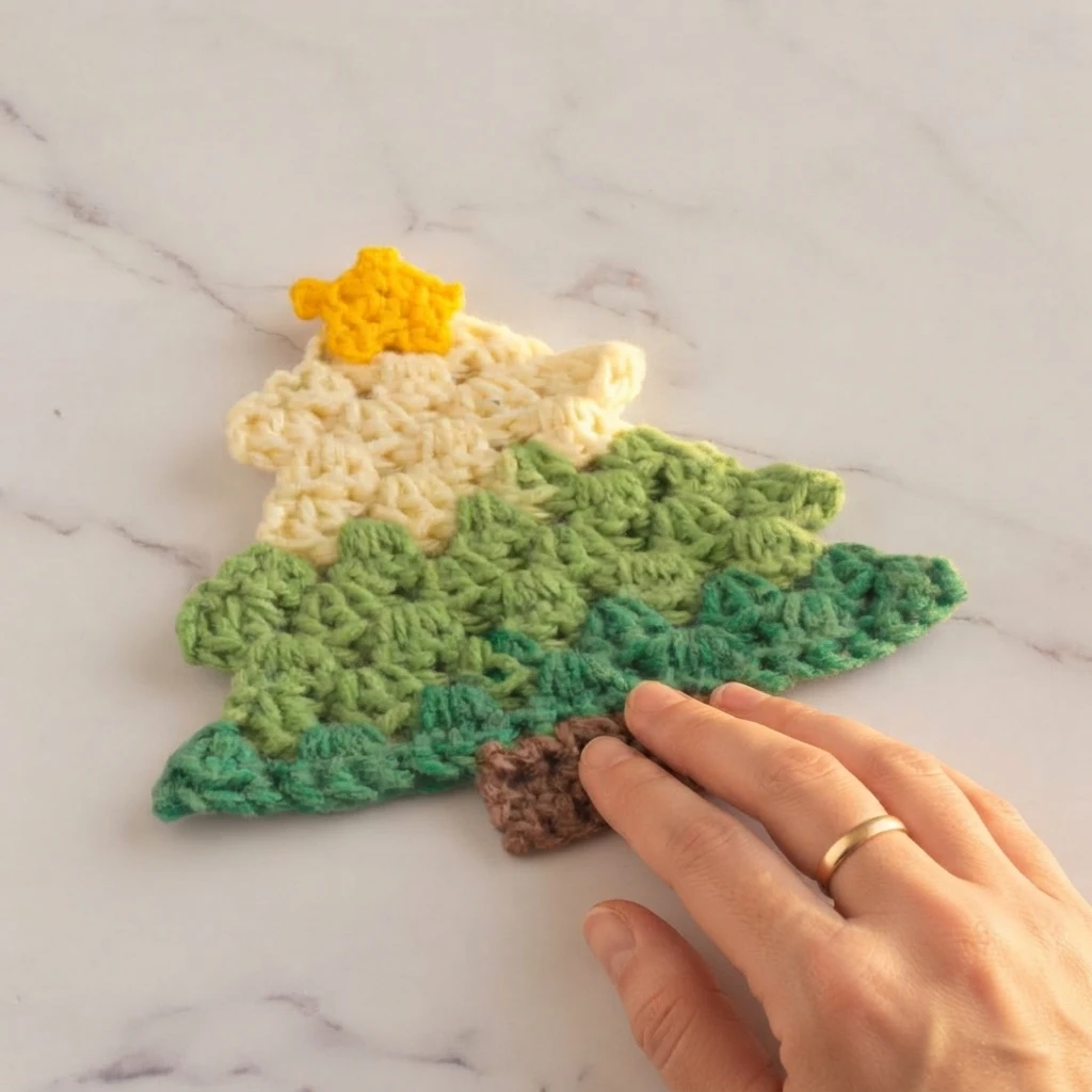 A crocheted Christmas tree coaster with a yellow star on top, tiers of cream, light green and dark green stitches and a brown trunk, resting on a pale marble surface while a hand touches the trunk.
