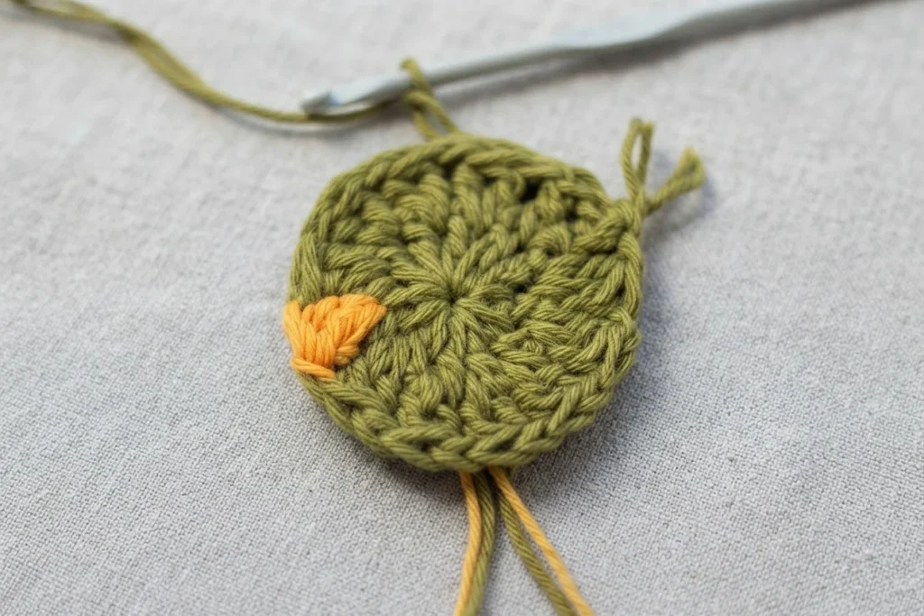 Green crocheted round in progress with an orange beak section, a crochet hook and loose yarn ends on a gray fabric background.