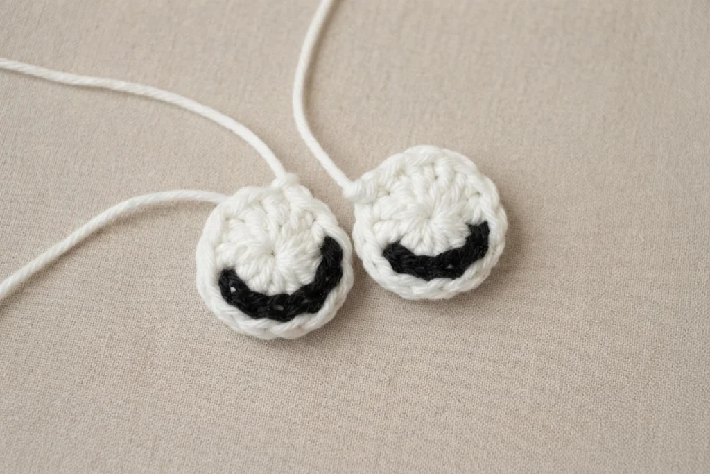 Two small white crocheted circles with black curved eye details, each with a long white yarn tail, resting on a plain beige fabric surface.