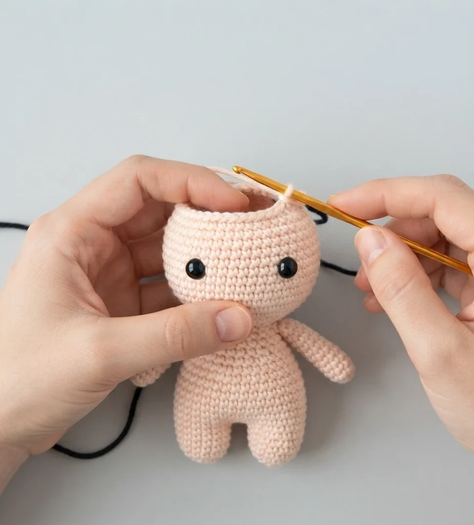 Two hands holding a small pink crocheted doll body with two black safety eyes and short arms, a gold crochet hook resting in the open top of the head, with a black yarn tail on a light gray surface.