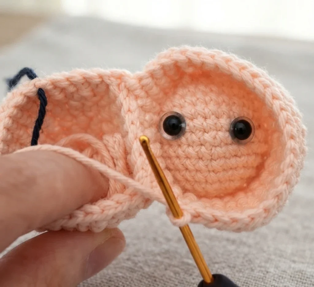 Two peach crocheted leg tubes held in one hand, a gold crochet hook working a stitch at the join, with two black safety eyes placed on the right piece, resting on a light gray fabric surface.