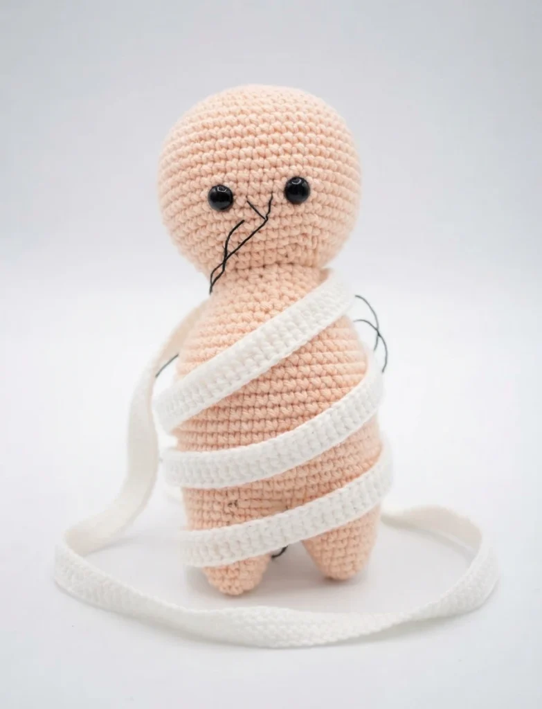 Crocheted amigurumi doll in pale peach yarn with two black safety eyes and black stitched lines on the face, its body wrapped diagonally in a white crocheted strip that trails loose onto a plain light background.