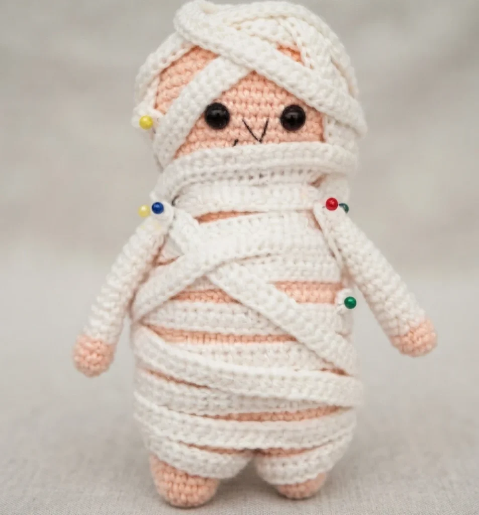 Crocheted mummy doll in peach yarn wrapped with white strips around its head and body, held in place with small colored sewing pins, standing on a light gray background.