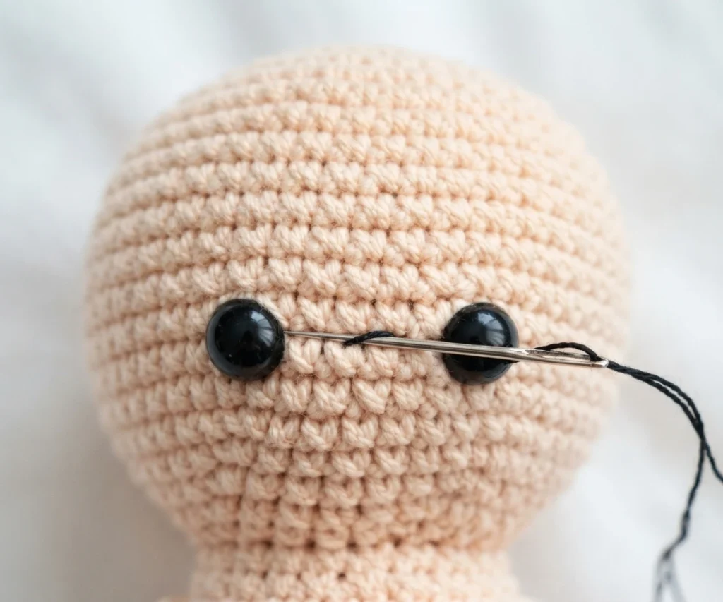 Close-up of a crocheted amigurumi head worked in pale peach yarn, with two glossy black safety eyes and a tapestry needle threaded with black yarn passing between them.