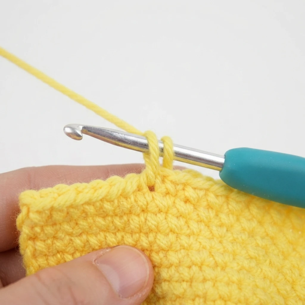Close-up of a hand holding yellow crocheted fabric while a crochet hook with a teal handle holds two loops of yellow yarn, with a strand of working yarn extending toward the upper left.