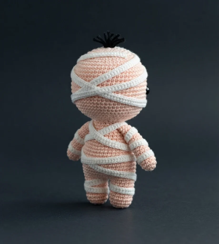 Finished crocheted mummy doll in peach skin color wrapped with white yarn bandages, with a small black yarn tuft on top of the head and a black safety eye visible, standing on a plain dark gray background.
