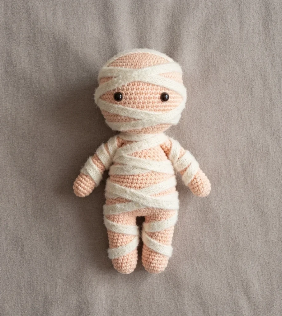 Crocheted mummy amigurumi doll in peach skin color wrapped with strips of white yarn, with two black safety eyes, lying on a plain gray fabric background.