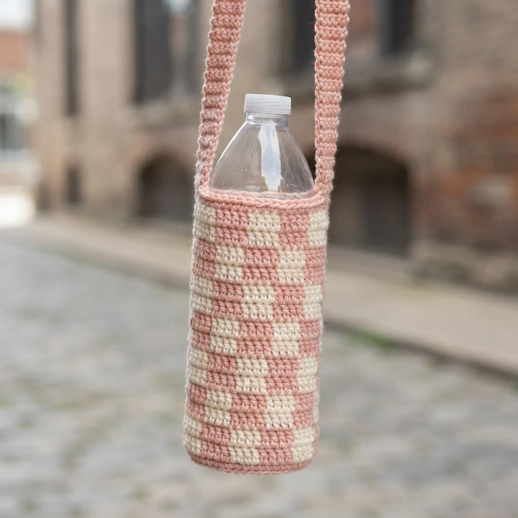 A pink and cream checkered crochet bottle holder hanging by its strap outdoors, holding a clear plastic water bottle