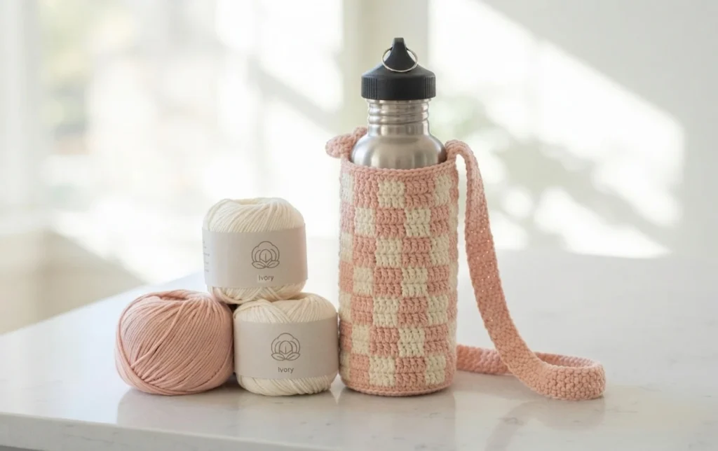 A pink and ivory checkered crochet bottle holder with a long pink strap holding a metal bottle with a black cap, next to balls of pink and ivory yarn on a light countertop.