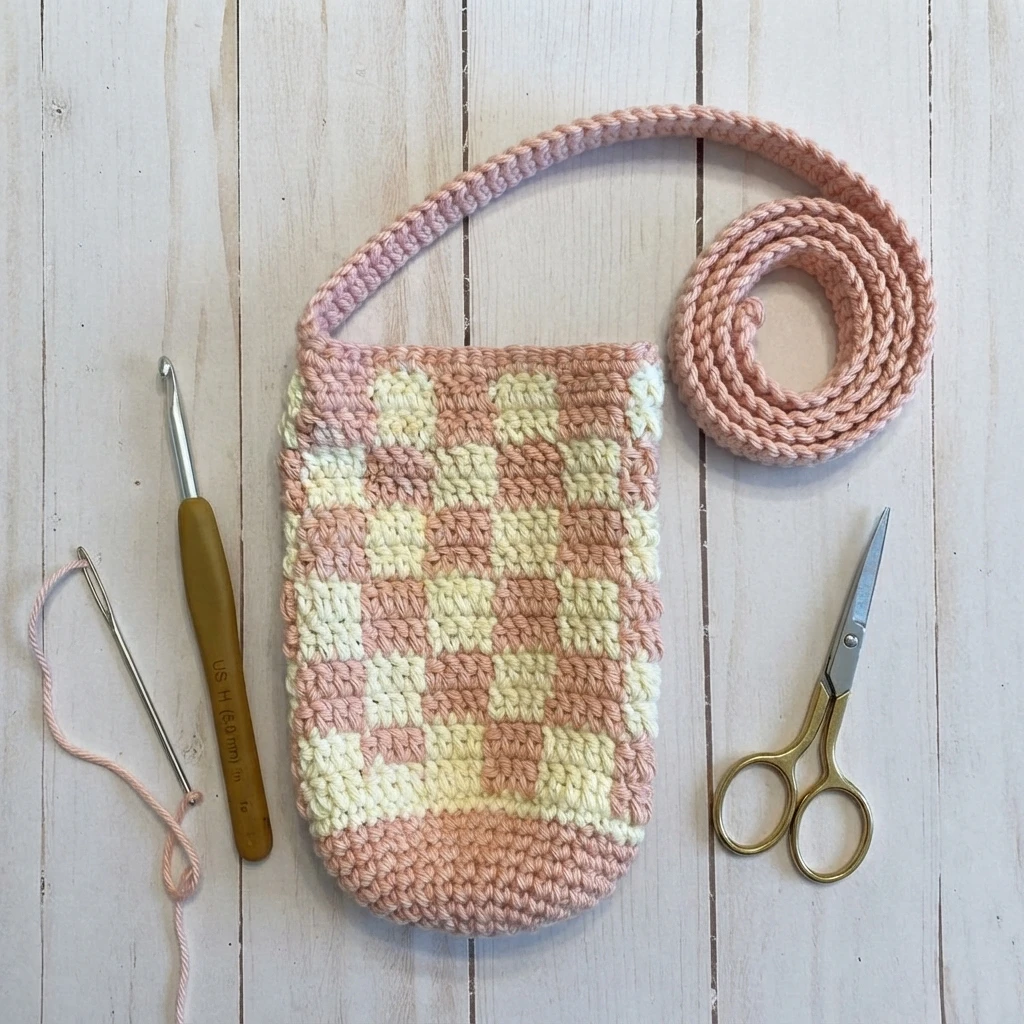 Pink and ivory checkered crochet bottle holder with a long strap, lying on a light wood surface beside a crochet hook, yarn needle and scissors