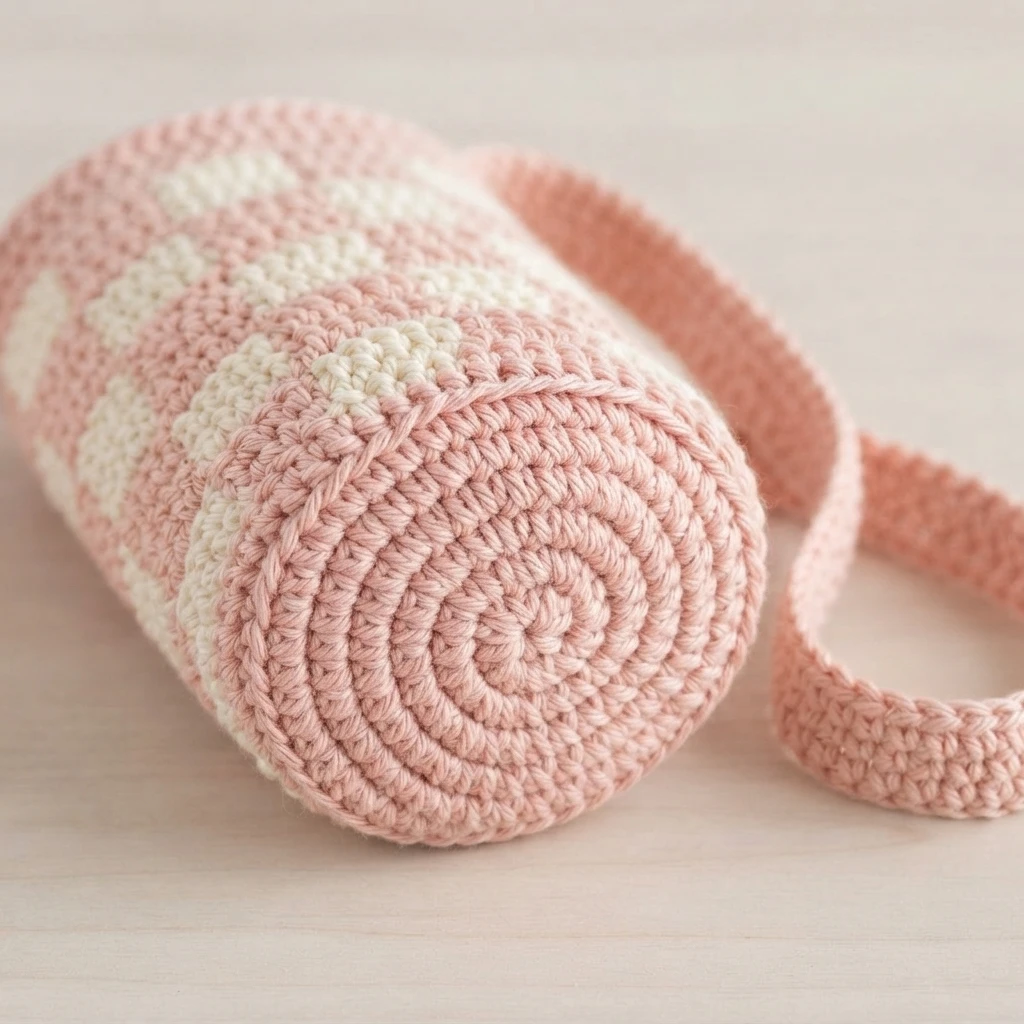 Crocheted bottle holder in pale pink and ivory checks lying on its side, showing its round pink base and long strap